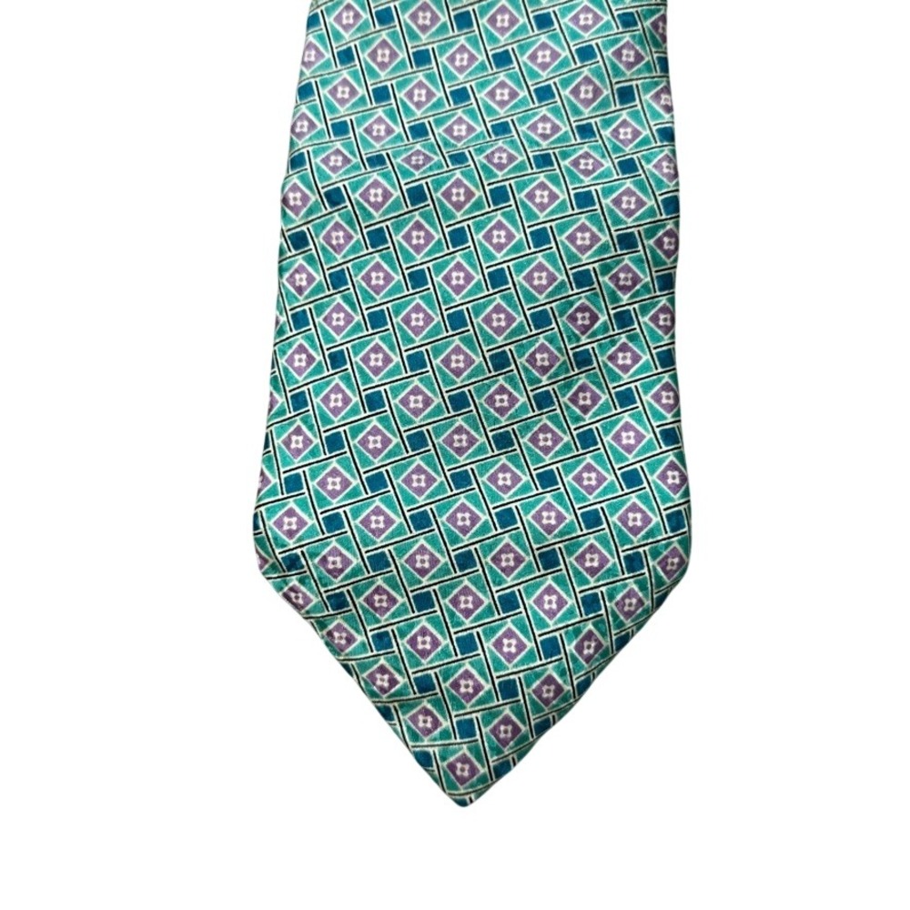 Villa Bugatti Mens Silk Necktie Teal Purple Geometric Diamond Made in USA 4x59